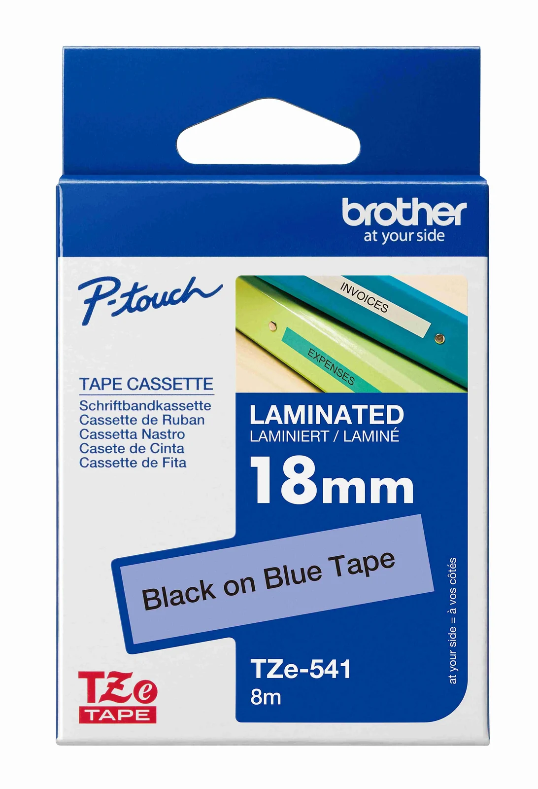 Brother TZe-541 18mm Black on Blue Laminated Tape — box front