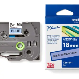 Brother TZe-541 18mm Black on Blue Laminated Tape — tape cassette and box
