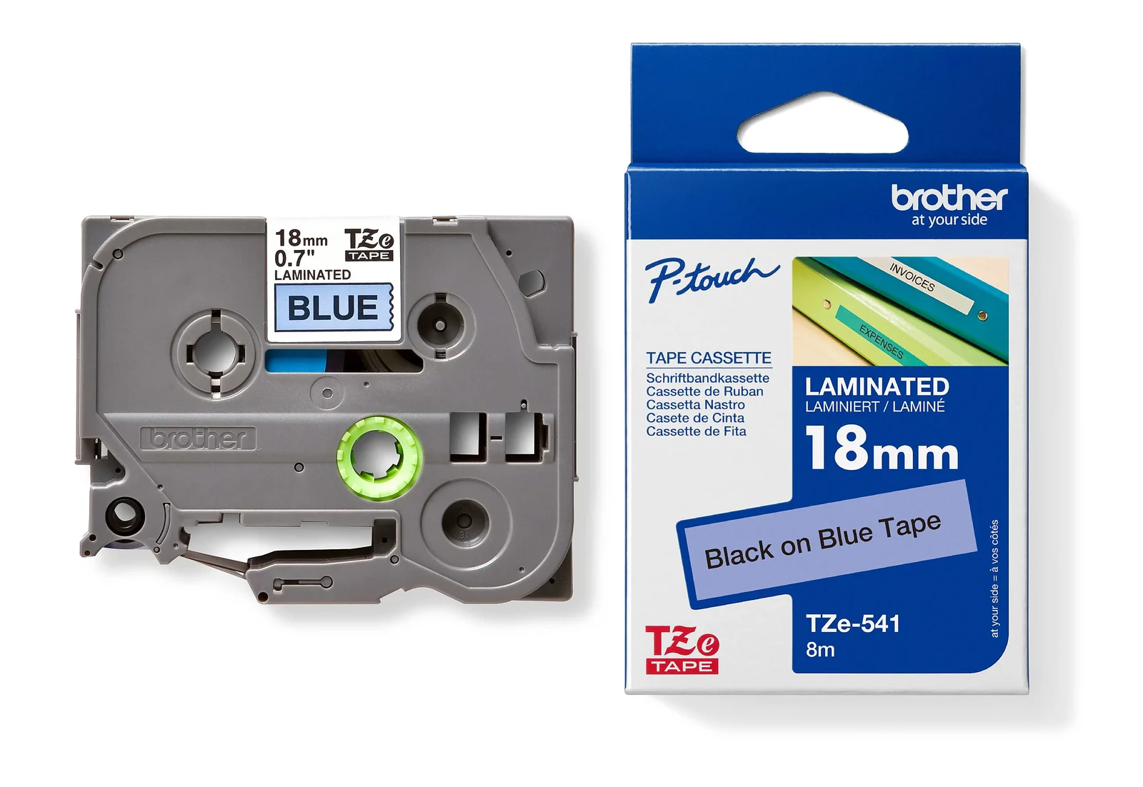 Brother TZe-541 18mm Black on Blue Laminated Tape — tape cassette and box