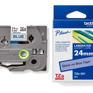 Brother TZe-551 24mm Black on Blue Laminated Tape — tape cassette and box