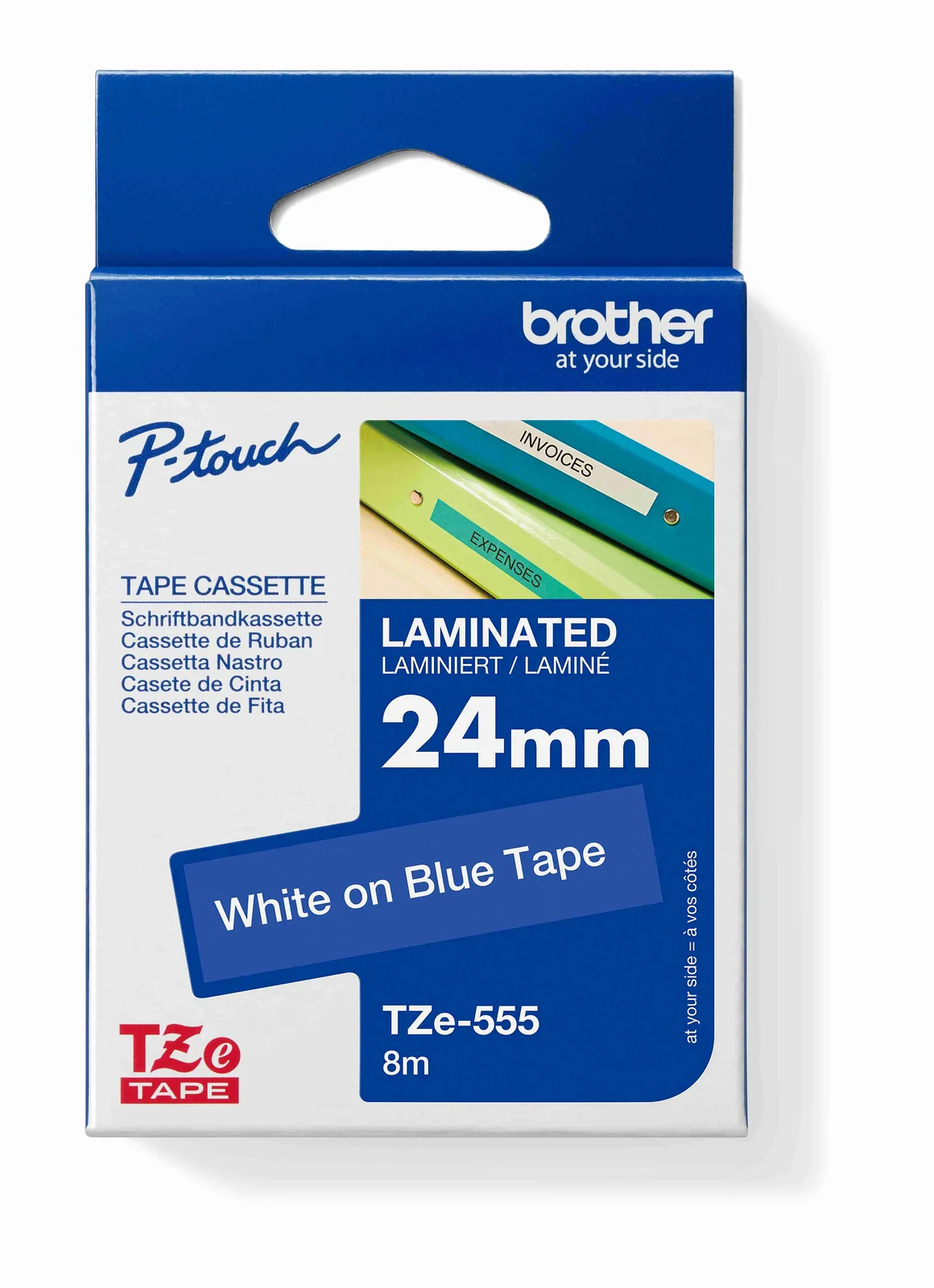 Brother TZe-555 24mm White on Blue Laminated Tape — box front