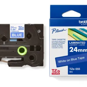 Brother TZe-555 24mm White on Blue Laminated Tape — tape cassette and box