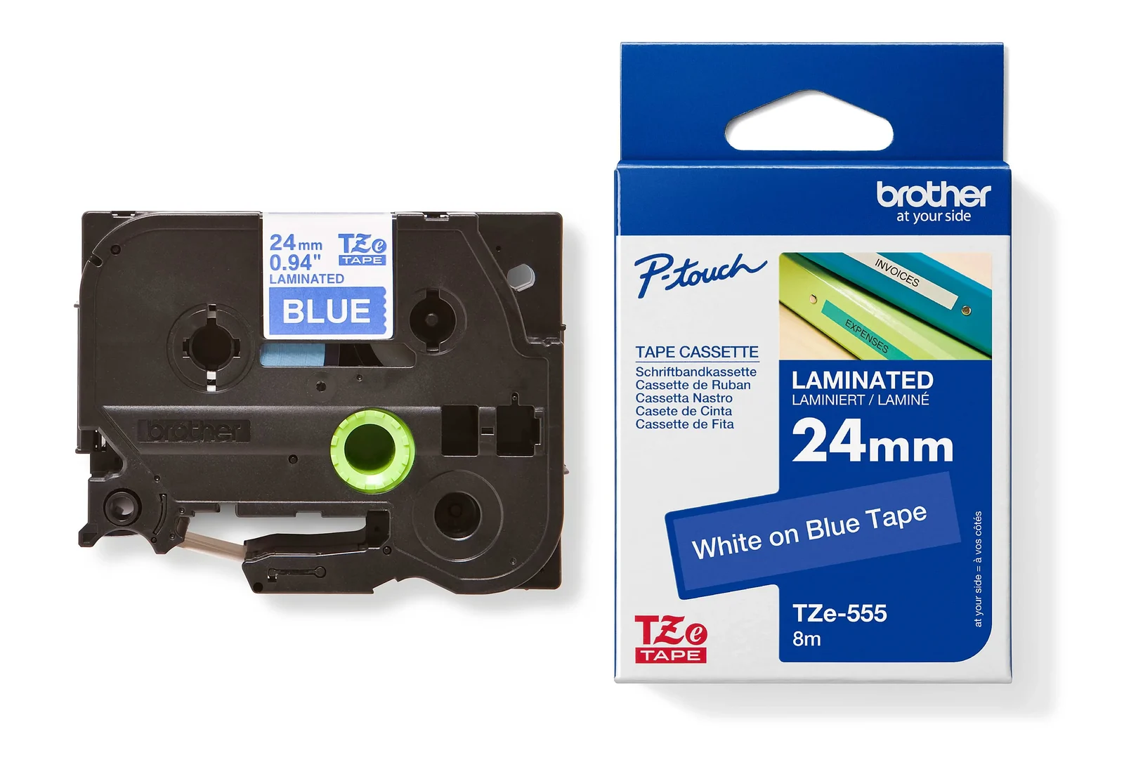 Brother TZe-555 24mm White on Blue Laminated Tape — tape cassette and box