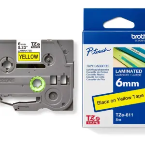 Brother TZe-611 6mm Black on Yellow Laminated Tape — tape cassette and box