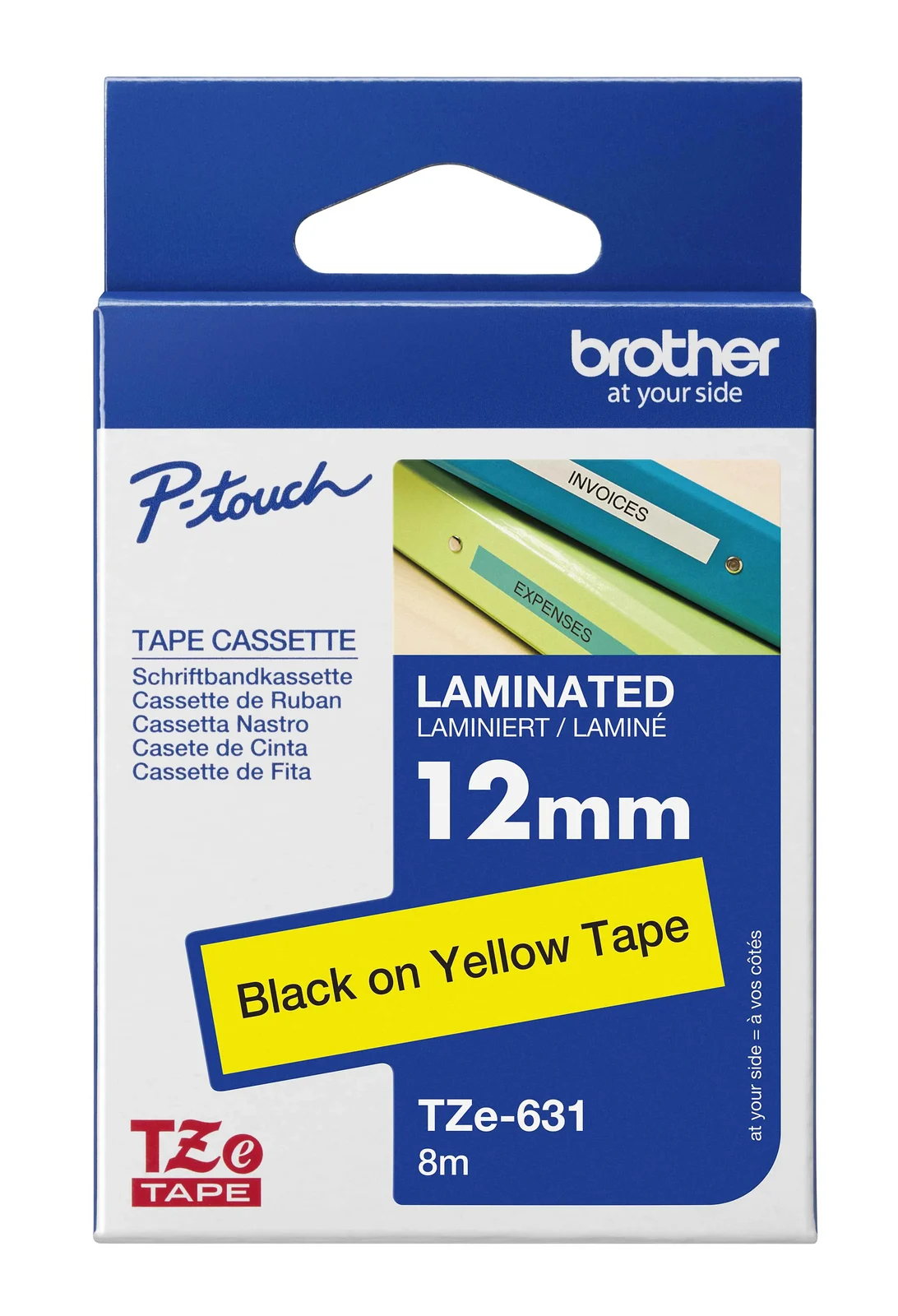 Brother TZe-631 12mm Black on Yellow Laminated Tape — box front