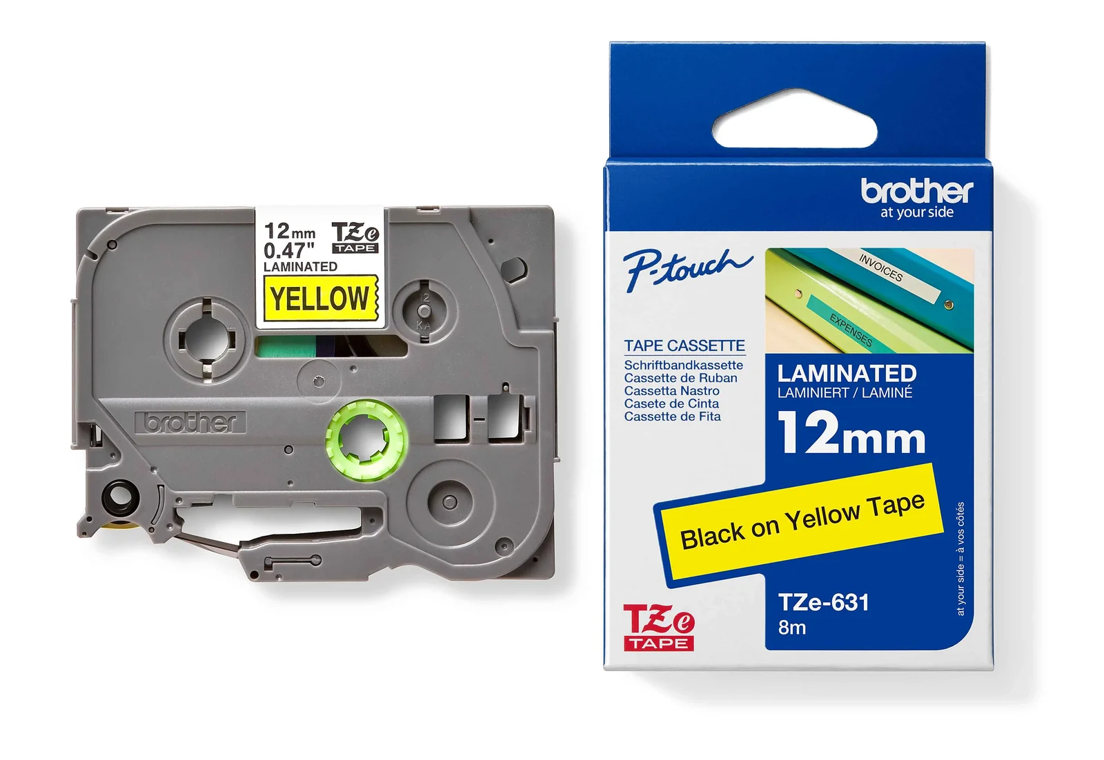 Brother TZe-631 12mm Black on Yellow Laminated Tape — tape cassette and box