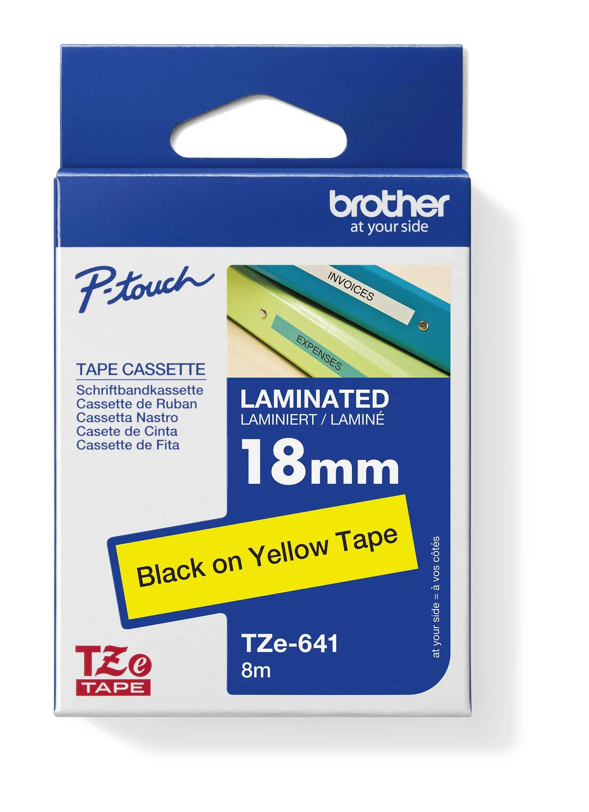 Brother TZe-641 18mm Black on Yellow Laminated Tape — box front