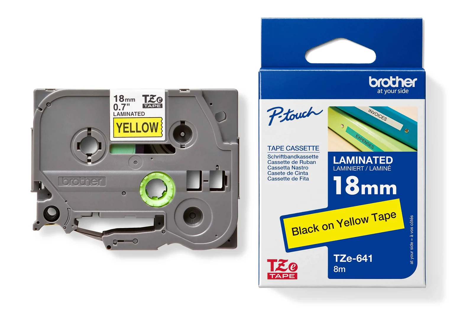 Brother TZe-641 18mm Black on Yellow Laminated Tape — tape cassette and box