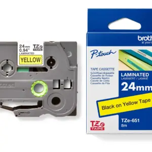 Brother TZe-651 24mm Black on Yellow Laminated Tape — tape cassette and box