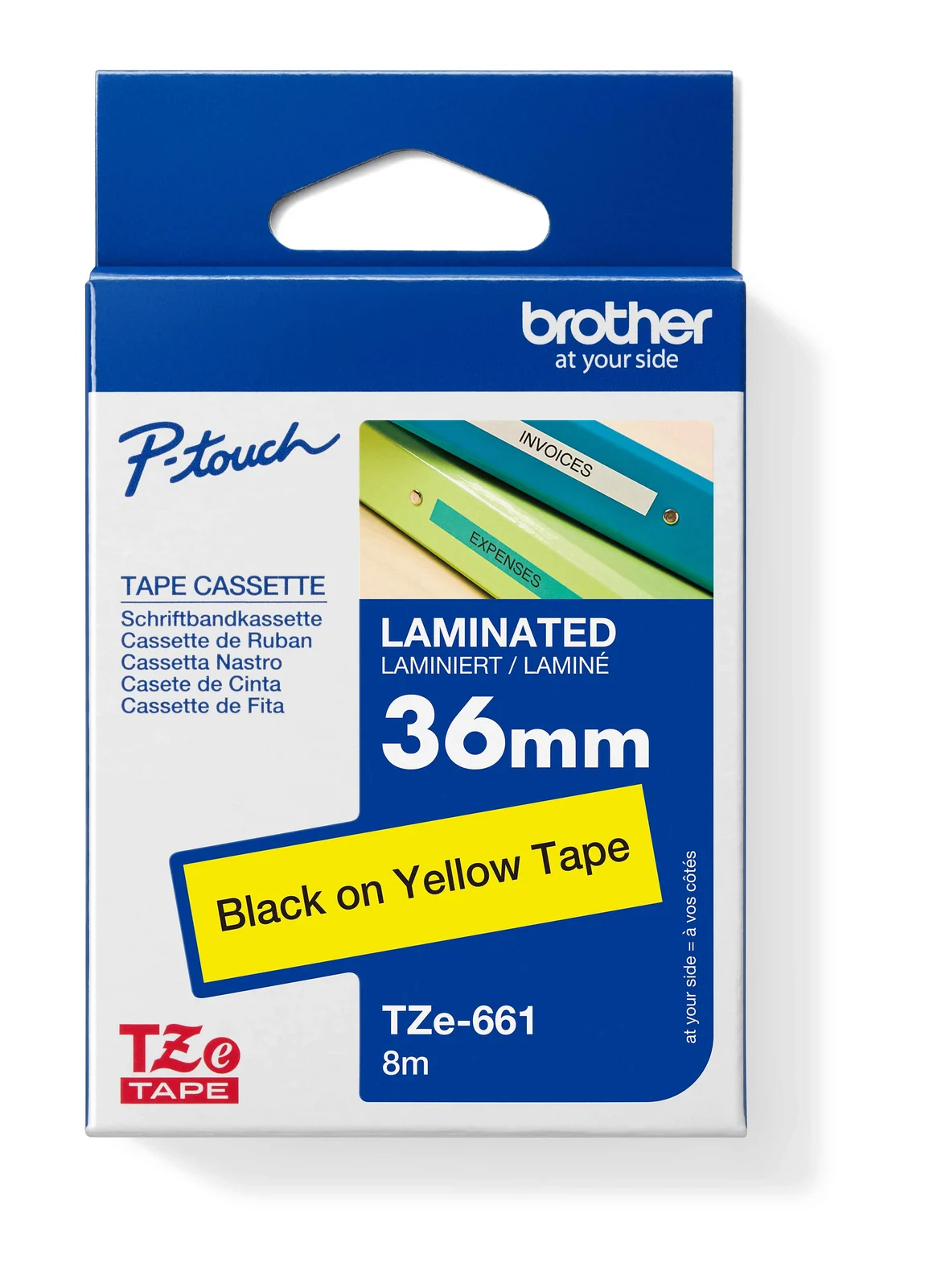 Brother TZe-661 36mm Black on Yellow Laminated Tape — box front