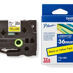 Brother TZe-661 36mm Black on Yellow Laminated Tape — tape cassette and box