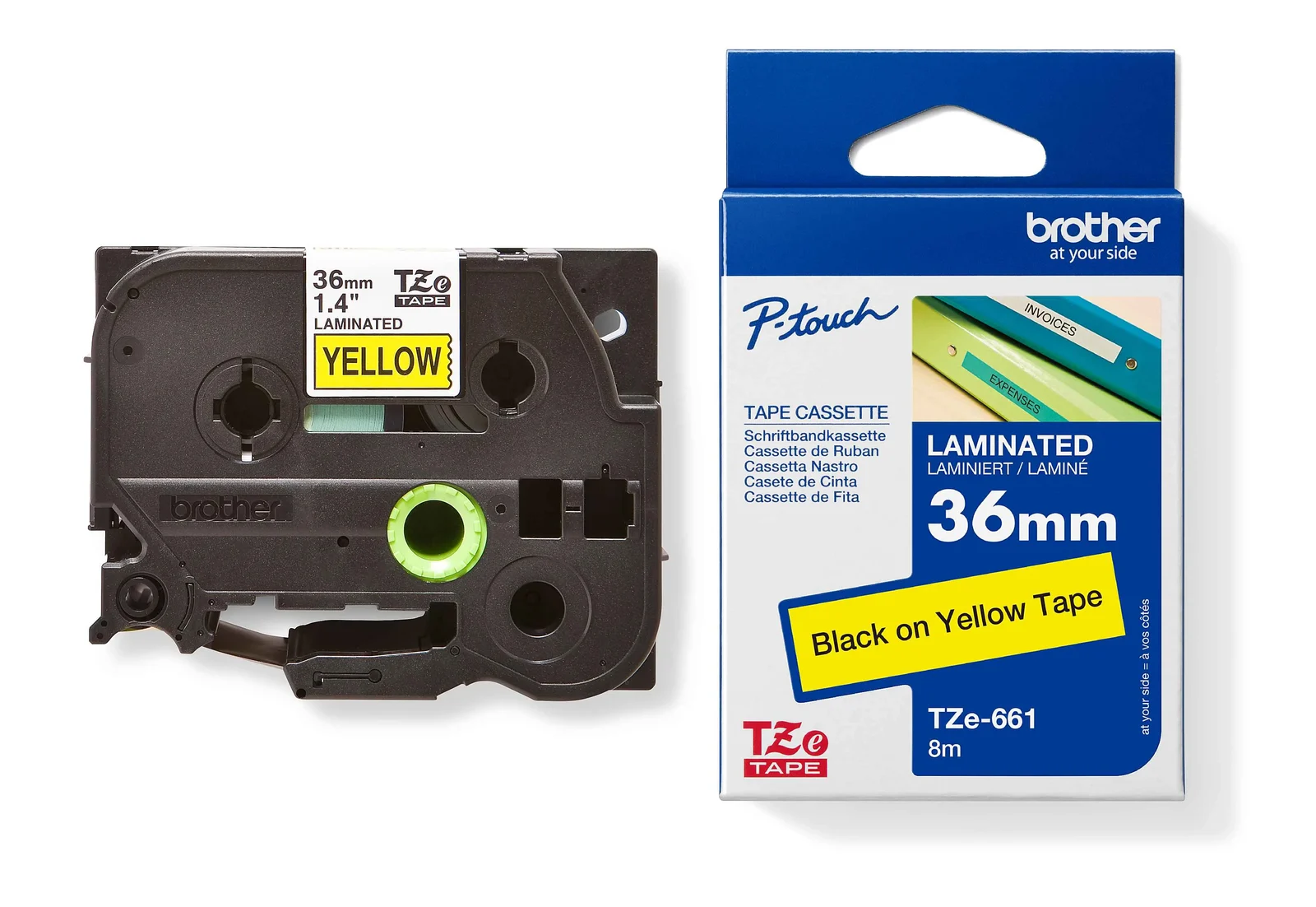 Brother TZe-661 36mm Black on Yellow Laminated Tape — tape cassette and box