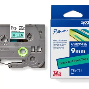 Brother TZe-721 9mm Black on Green Laminated Tape — tape cassette and box