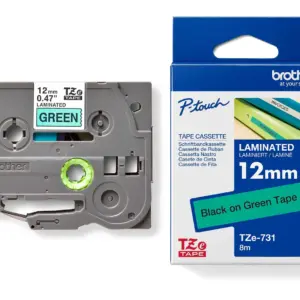 Brother TZe-731 12mm Black on Green Laminated Tape — tape cassette and box