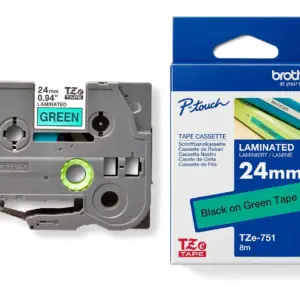 Brother TZe-751 24mm Black on Green Laminated Tape — tape cassette and box