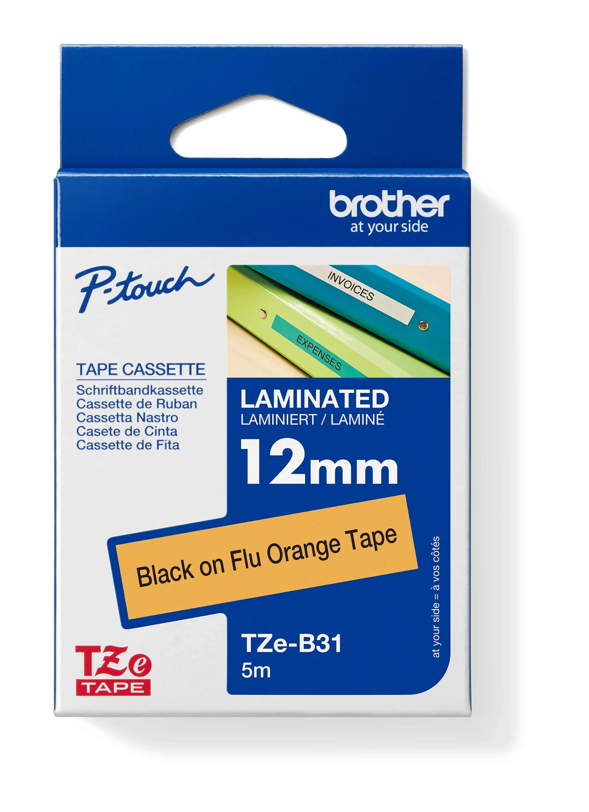 Brother TZe-B31 12mm Black on Orange Fluorescent Laminated Tape — box front