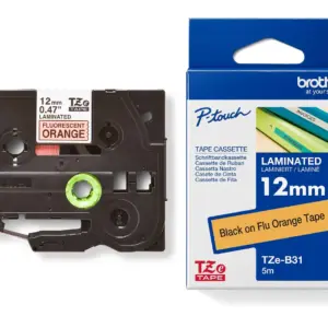 Brother TZe-B31 12mm Black on Orange Fluorescent Laminated Tape — tape cassette and box