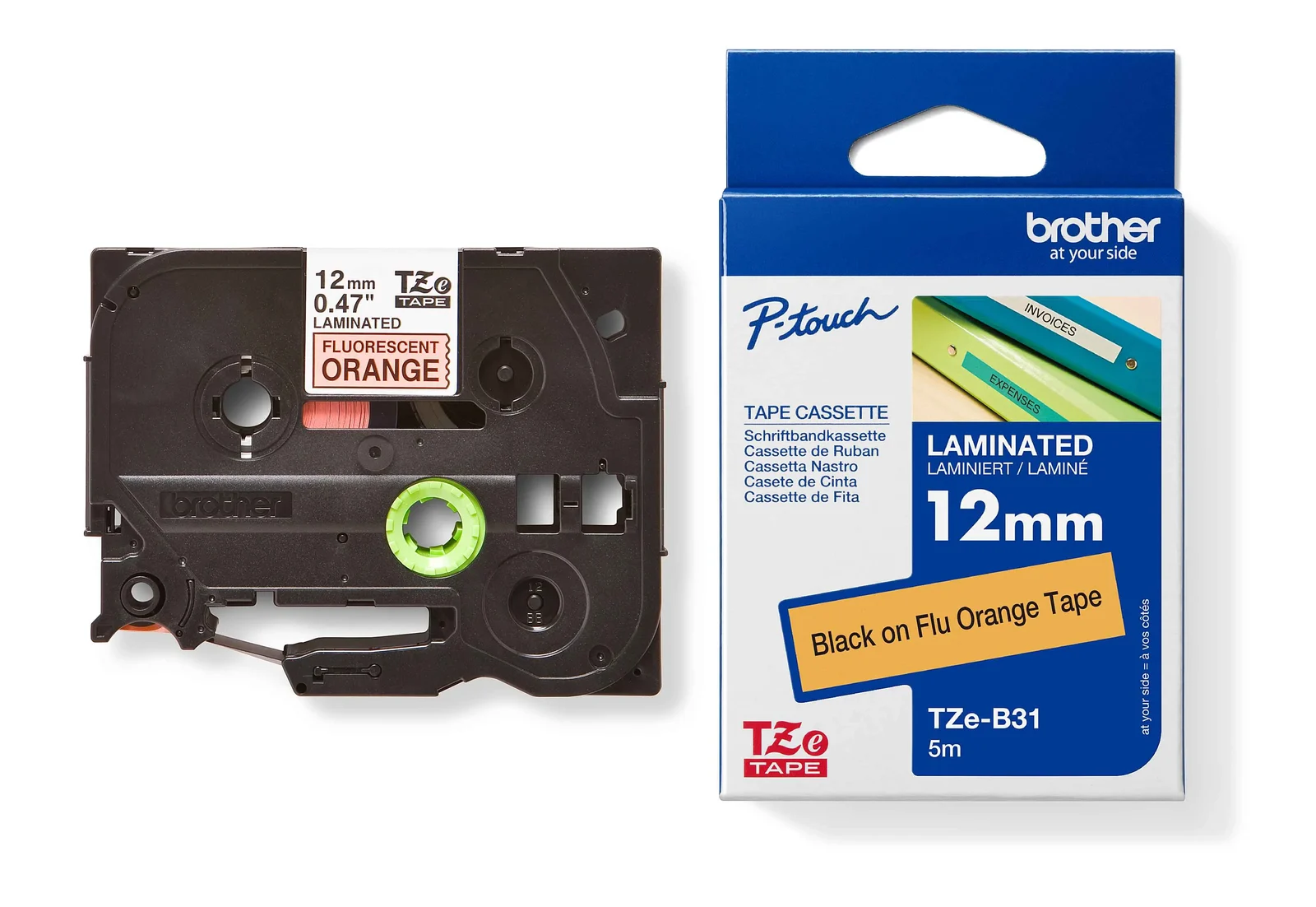 Brother TZe-B31 12mm Black on Orange Fluorescent Laminated Tape — tape cassette and box