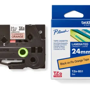 Brother TZe-B51 24mm Black on Orange Fluorescent Laminated Tape — tape cassette and box