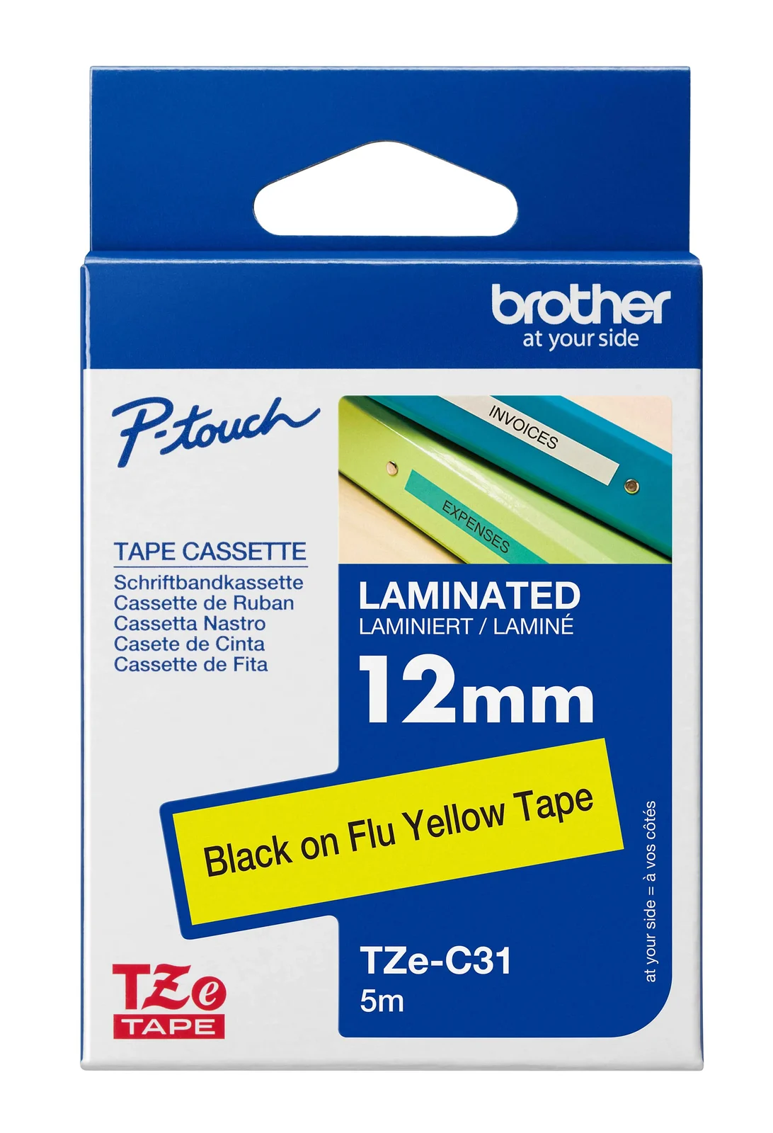 Brother TZe-C31 12mm Black on Yellow Fluorescent Laminated Tape — box front