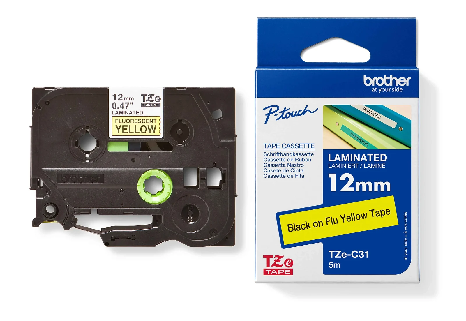 Brother TZe-C31 12mm Black on Yellow Fluorescent Laminated Tape — tape cassette and box