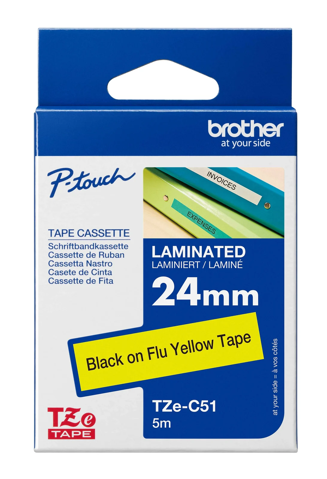 Brother TZe-C51 24mm Black on Yellow Fluorescent Laminated Tape — box front