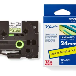 Brother TZe-C51 24mm Black on Yellow Fluorescent Laminated Tape — tape cassette and box