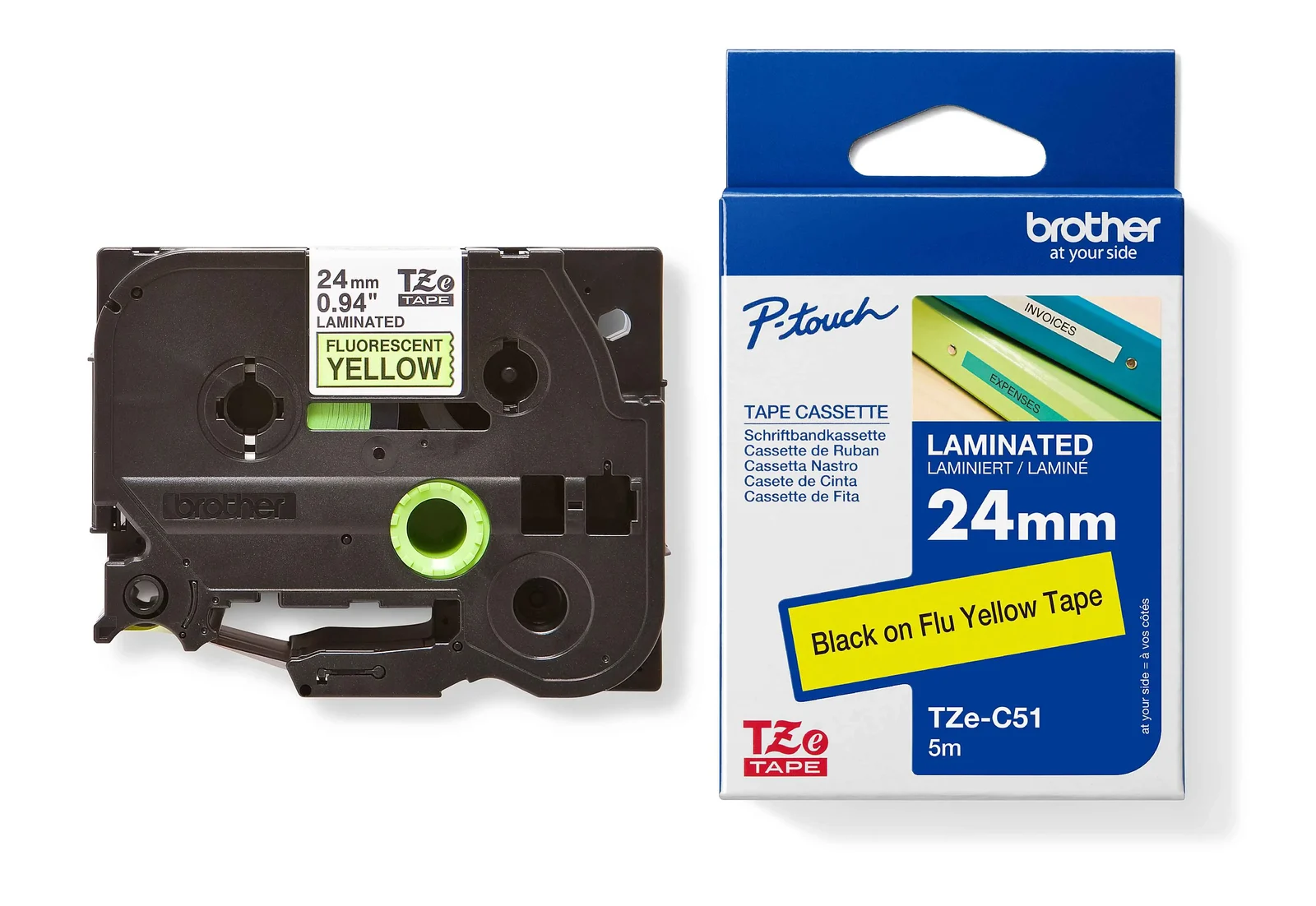 Brother TZe-C51 24mm Black on Yellow Fluorescent Laminated Tape — tape cassette and box