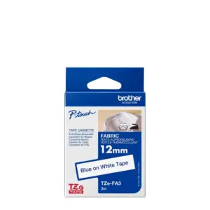 Brother TZe-FA3 12mm Blue on White Iron-On Fabric Tape — box front
