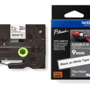 Brother TZe-FX221 9mm Black on White Flexible ID Laminated Tape — tape cassette and box