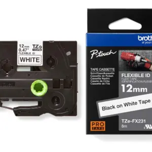 Brother TZe-FX231 12mm Black on White Flexible ID Laminated Tape — tape cassette and box