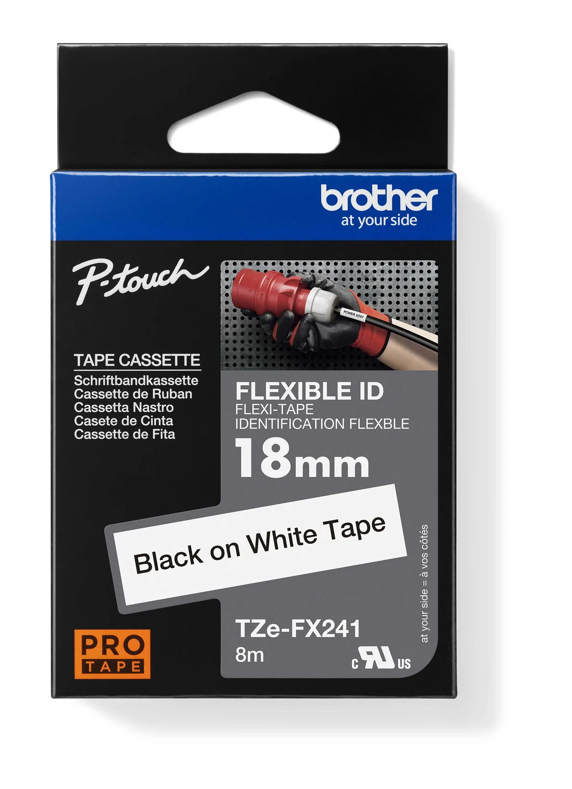Brother TZe-FX241 18mm Black on White Flexible ID Laminated Tape — box front