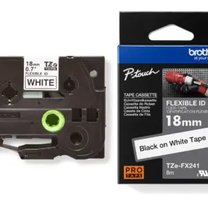 Brother TZe-FX241 18mm Black on White Flexible ID Laminated Tape — tape cassette and box