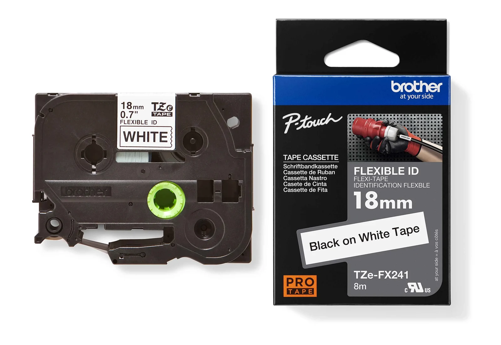 Brother TZe-FX241 18mm Black on White Flexible ID Laminated Tape — tape cassette and box