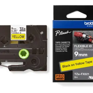 Brother TZe-FX621 9mm Black on Yellow Flexible ID Laminated Tape — tape cassette and box