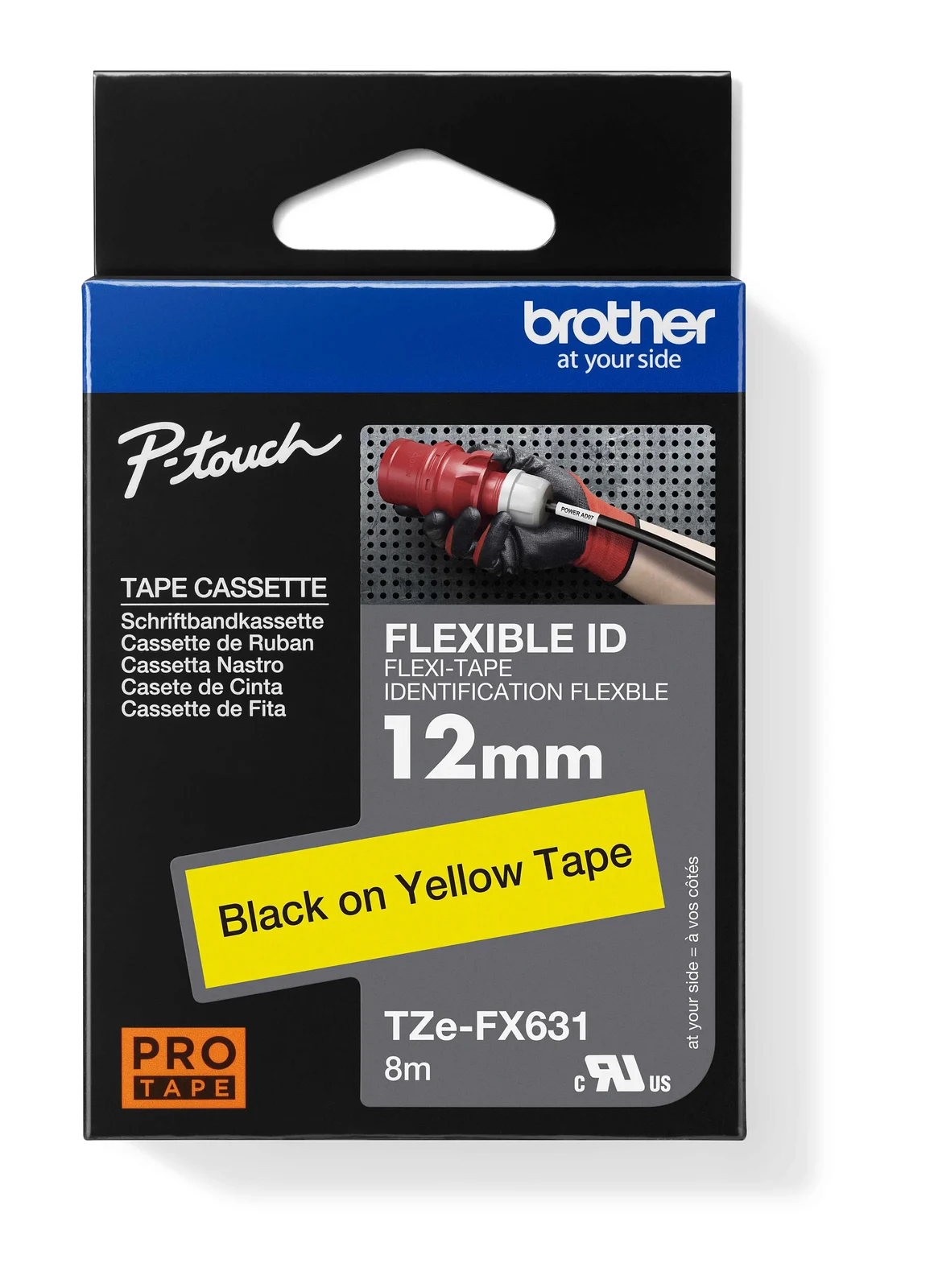 Brother TZe-FX631 12mm Black on Yellow Flexible ID Laminated Tape — box front
