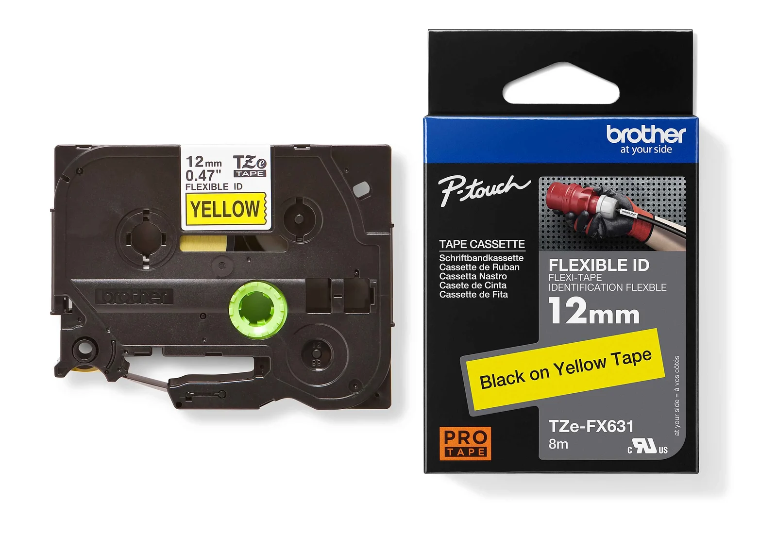 Brother TZe-FX631 12mm Black on Yellow Flexible ID Laminated Tape — tape cassette and box
