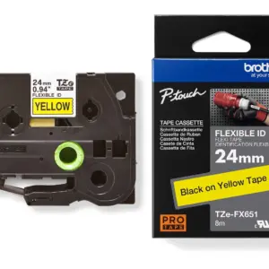 Brother TZe-FX651 24mm Black on Yellow Flexible ID Laminated Tape — tape cassette and box