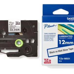 Brother TZe-M931 12mm Black on Matt Silver Laminated Tape — tape cassette and box