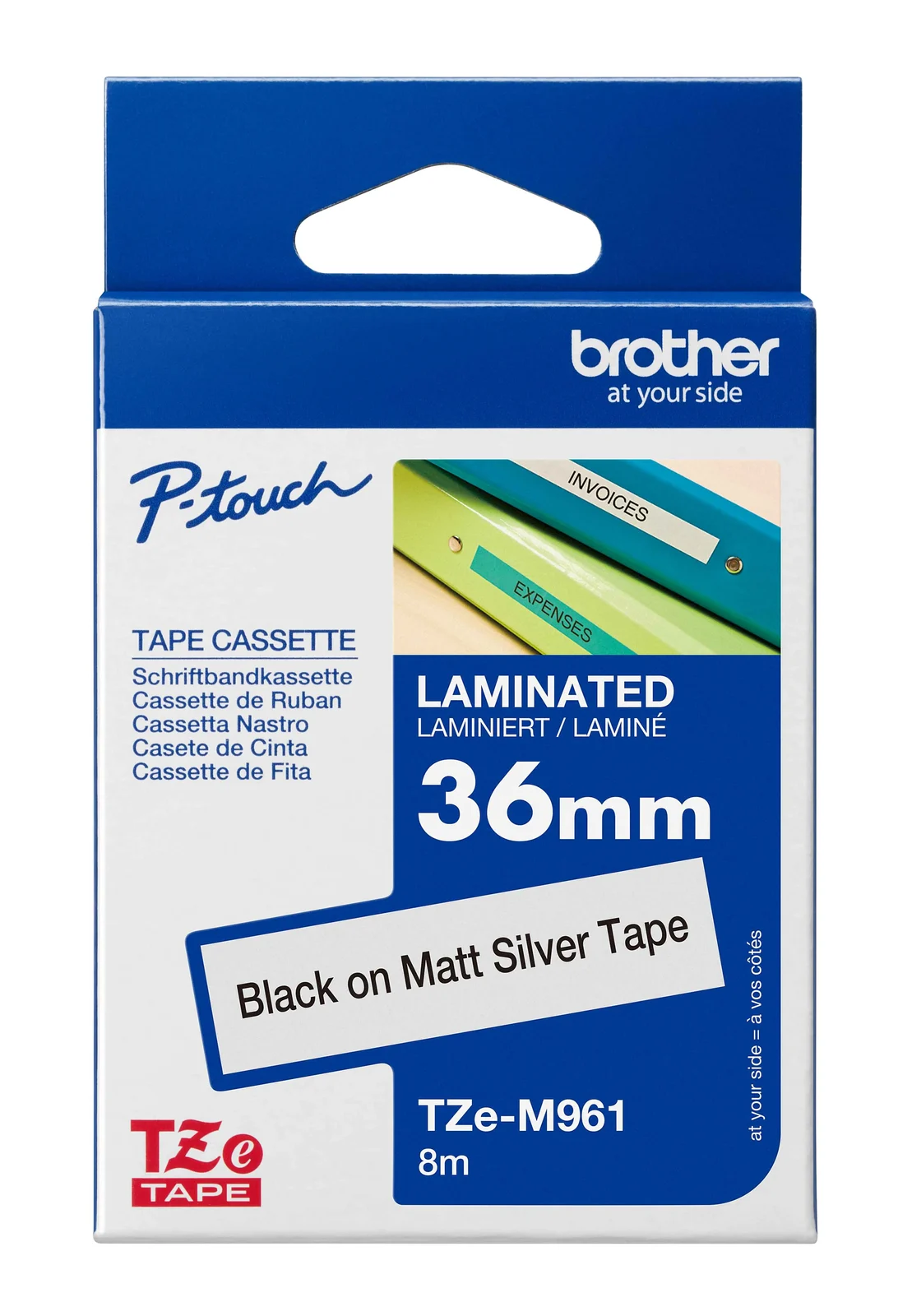 Brother TZe-M961 36mm Black on Matt Silver Laminated Tape — box front