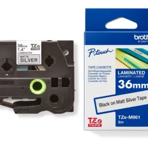 Brother TZe-M961 36mm Black on Matt Silver Laminated Tape — tape cassette and box