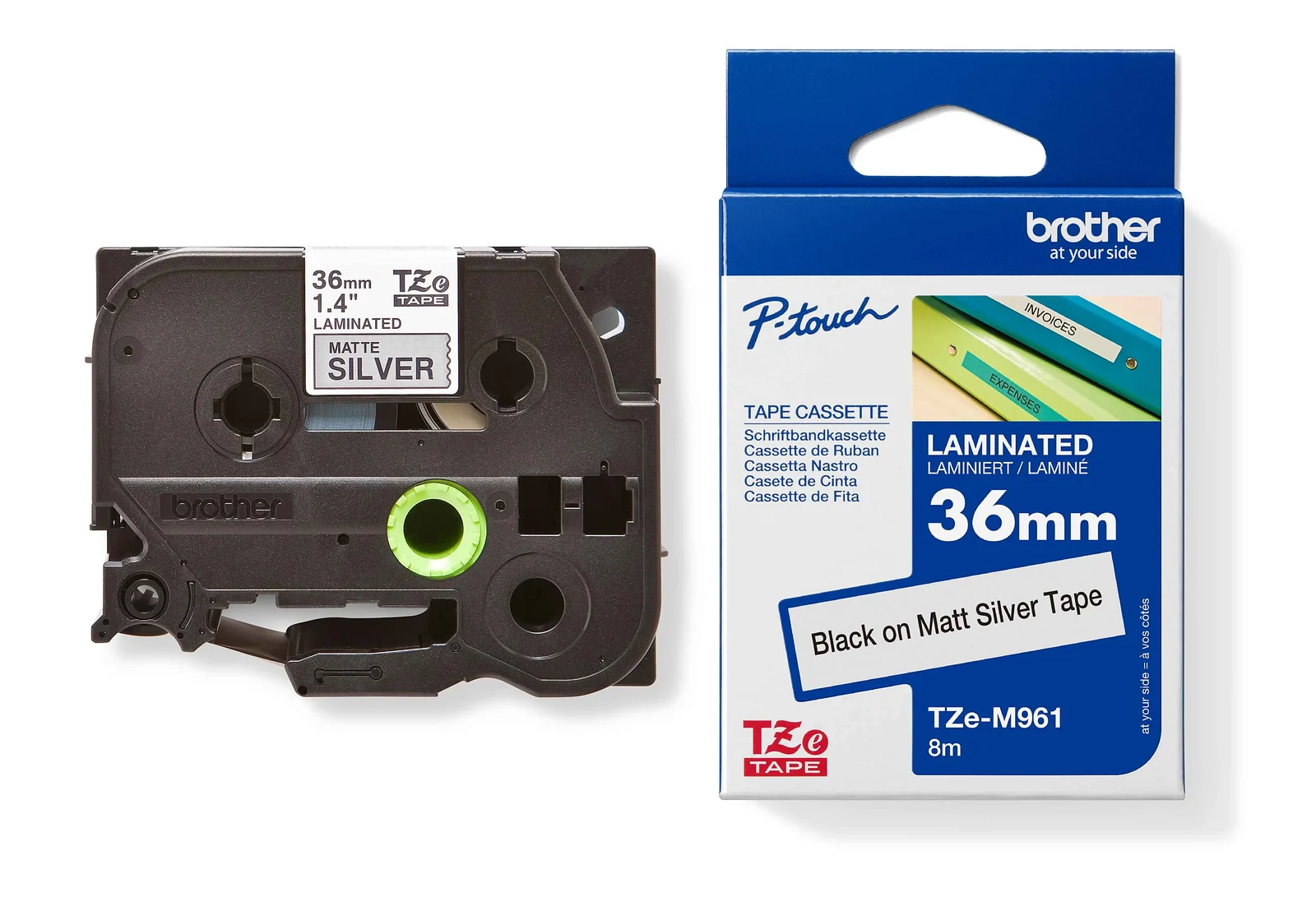 Brother TZe-M961 36mm Black on Matt Silver Laminated Tape — tape cassette and box