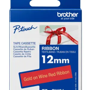Brother TZe-RW34 12mm Gold on Wine Red Ribbon Tape — box front