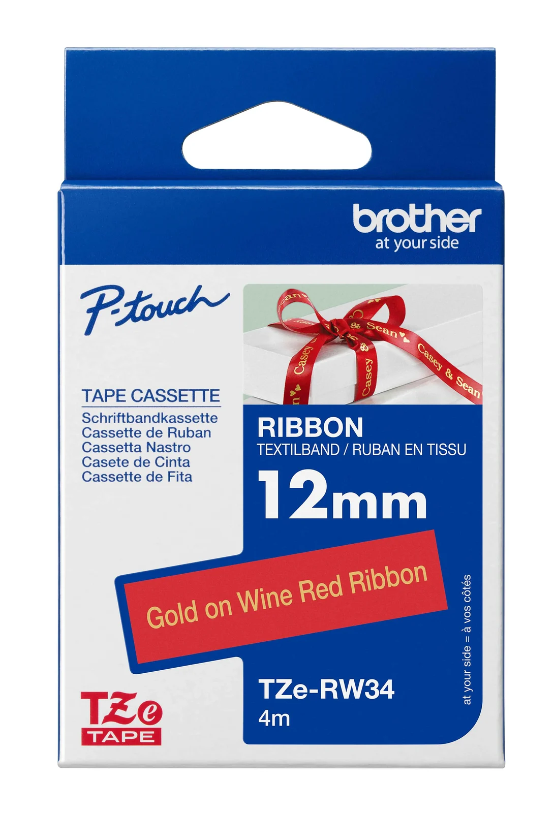 Brother TZe-RW34 12mm Gold on Wine Red Ribbon Tape — box front