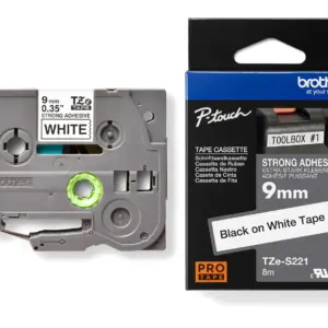 Brother TZe-S221 9mm Black on White Strong Adhesive Laminated Tape — tape cassette and box