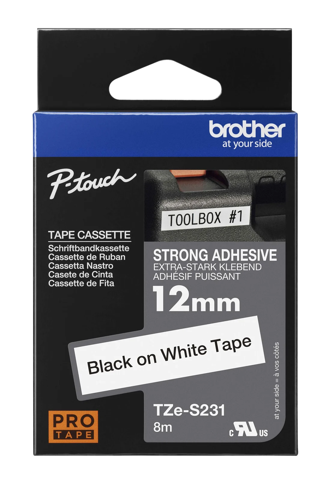 Brother TZe-S231 12mm Black on White Strong Adhesive Laminated Tape — box front