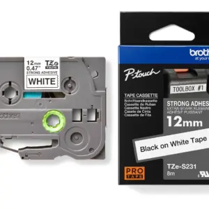 Brother TZe-S231 12mm Black on White Strong Adhesive Laminated Tape — tape cassette and box