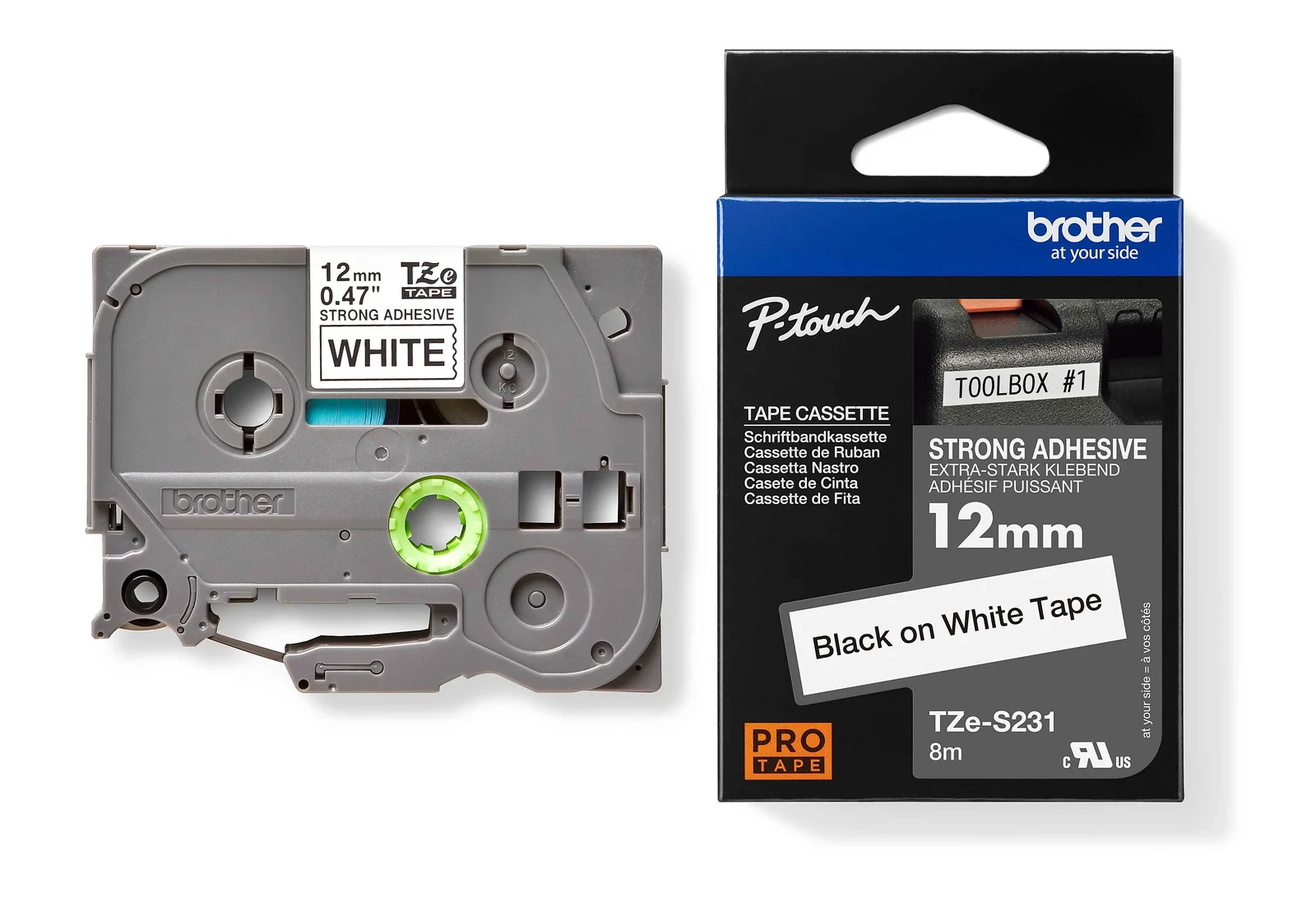Brother TZe-S231 12mm Black on White Strong Adhesive Laminated Tape — tape cassette and box