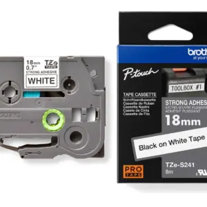 Brother TZe-S241 18mm Black on White Strong Adhesive Laminated Tape — tape cassette and box