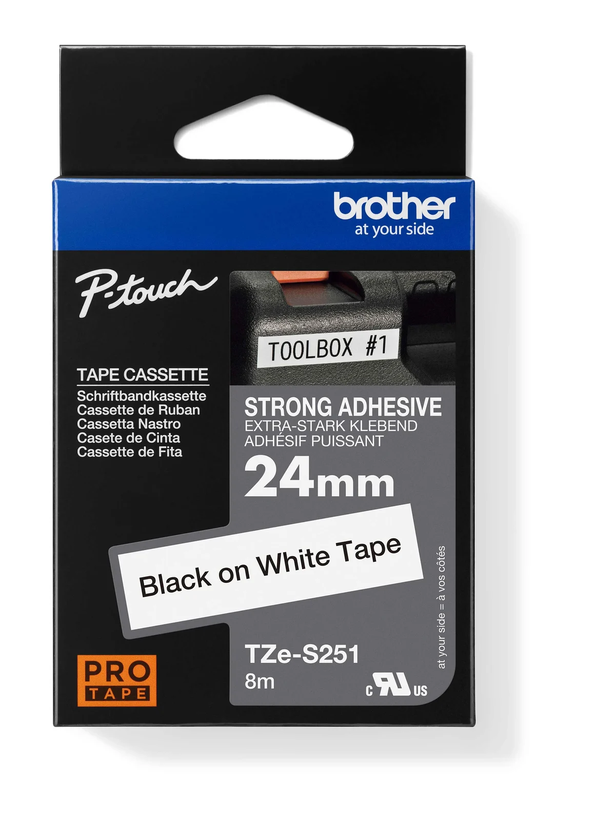 Brother TZe-S251 24mm Black on White Strong Adhesive Laminated Tape — box front